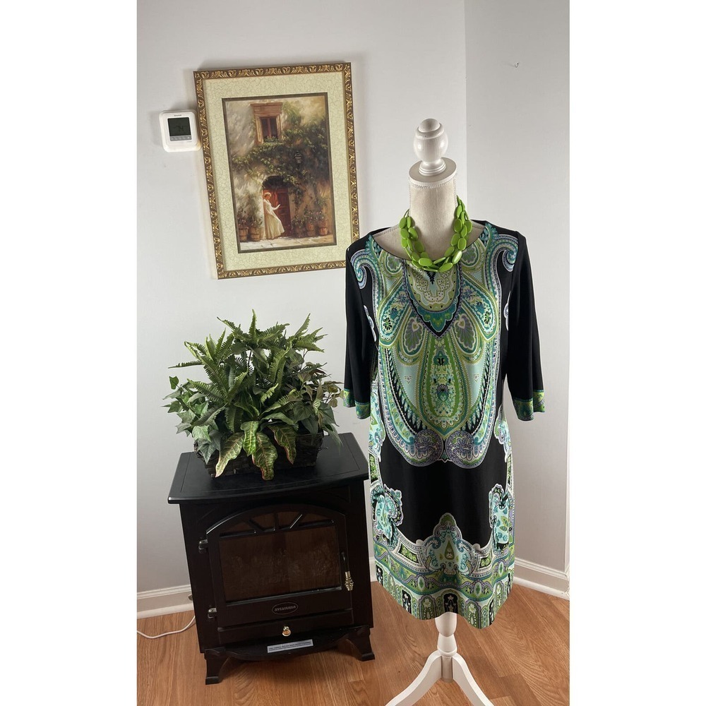 Sandra Darren‎ Dress 12 Blue Green Knee Length Collarless Short Sleeve
